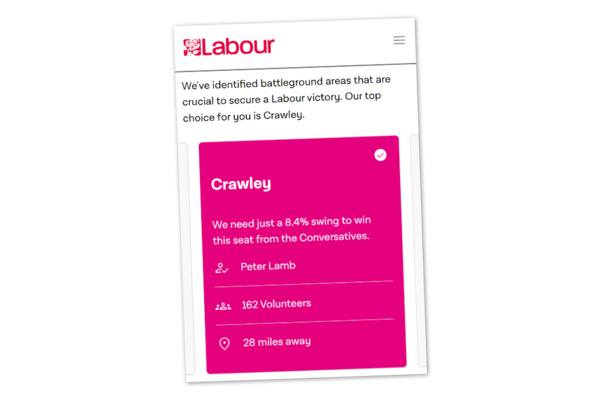 Screenshot of the Labour Party website instructing people to campaign in Crawley.