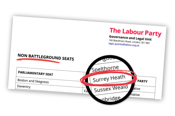 A document from Labour Party HQ showing 'non battleground seats'. Surrey Heath is on the list.